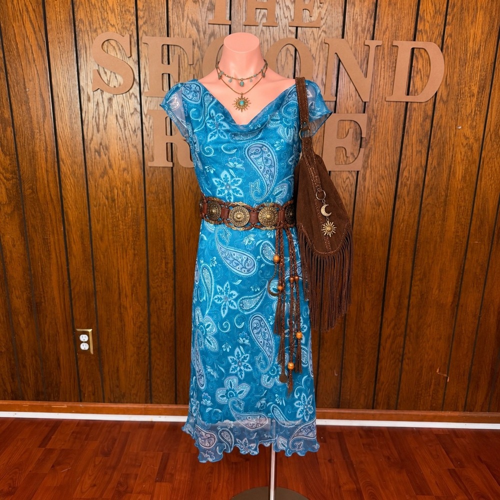 Blue Paisley Mesh Midi Dress B. Smart Womens 9/10 Y2K Boho Fairycore Ethereal
